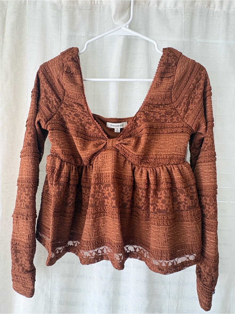 Francesca's Collections Rust Brown Lace-Trim Peplum Long Sleeve Top